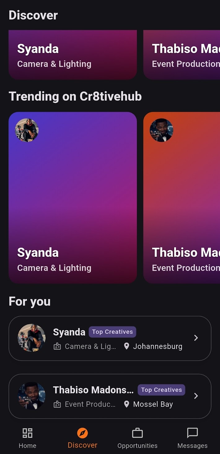 The Cr8tivehub app's Discover screen, listing creatives with their profession and city